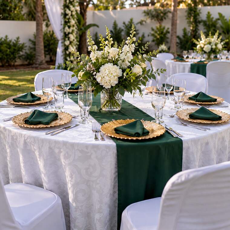 Round table with a white damask cloth, dark green runner, gold charger plates and white flowers in a garden