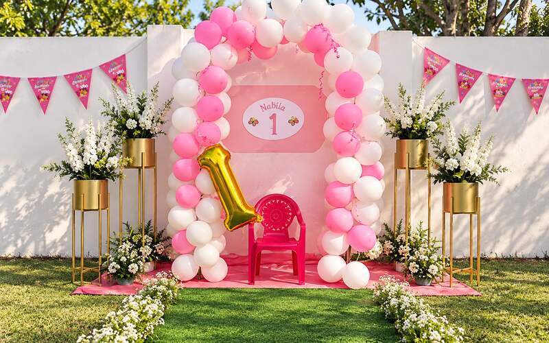 Pink and white balloon arch for a first birthday with flower stands and bunting