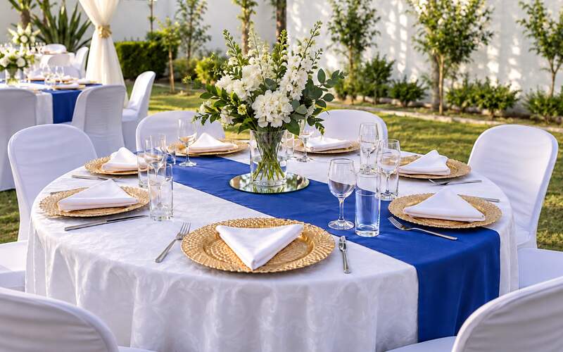 Round table with a white cloth, royal blue runner, gold chargers and a white flower centrepiece