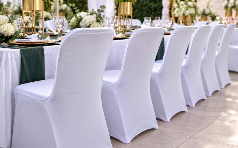 Row of chairs in fitted white covers beside a table with a green runner